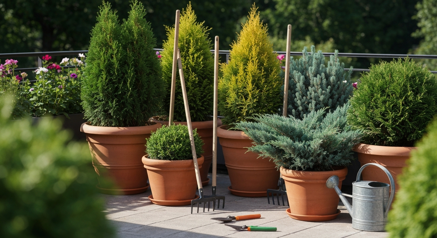 Nadelgehlze im Kbel pflegen: Thuja, Zypresse, Wacholder