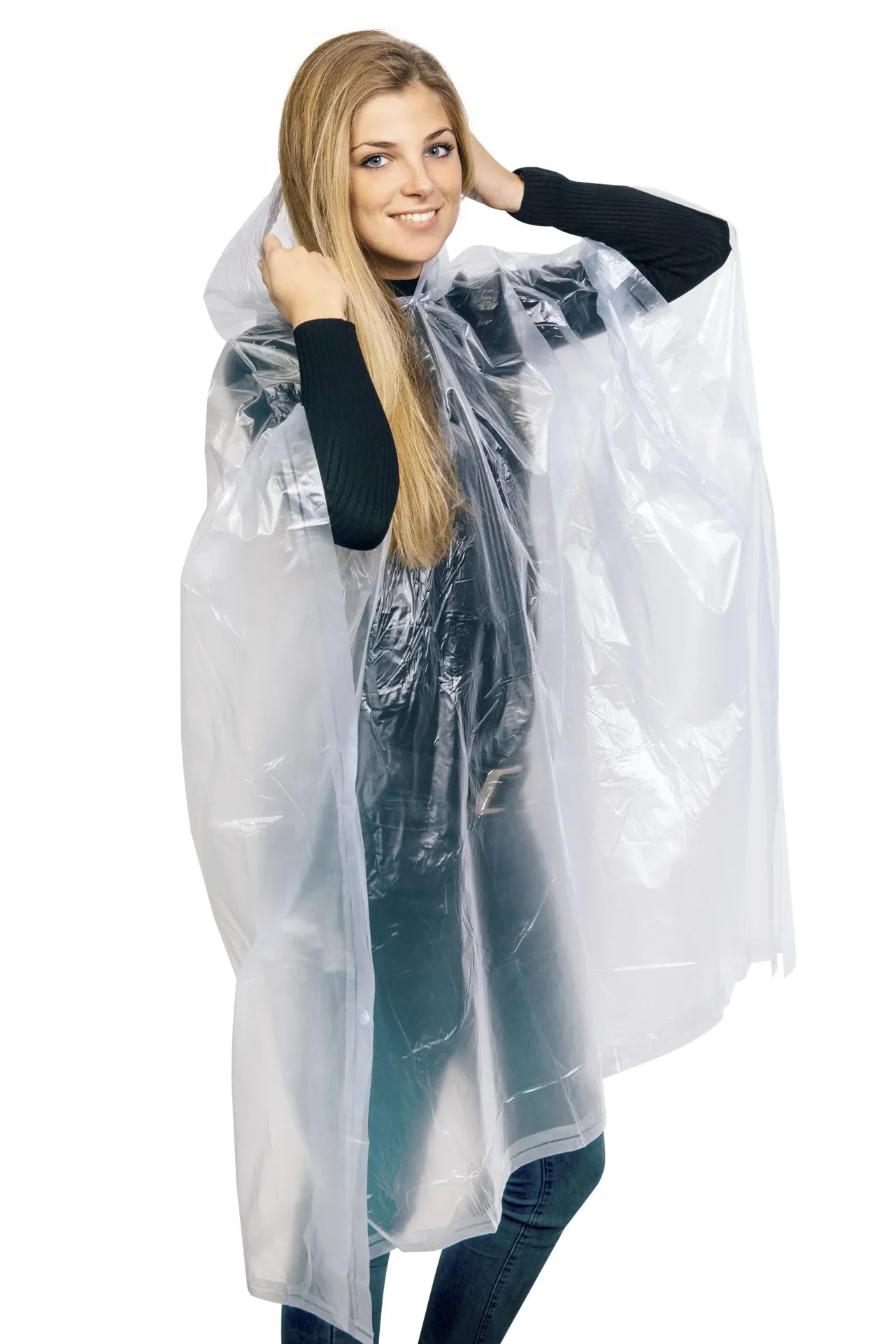 Regenponcho in Einheitsgröße, wasserfest, mit Druckknöpfen, Farbe transparent - 6