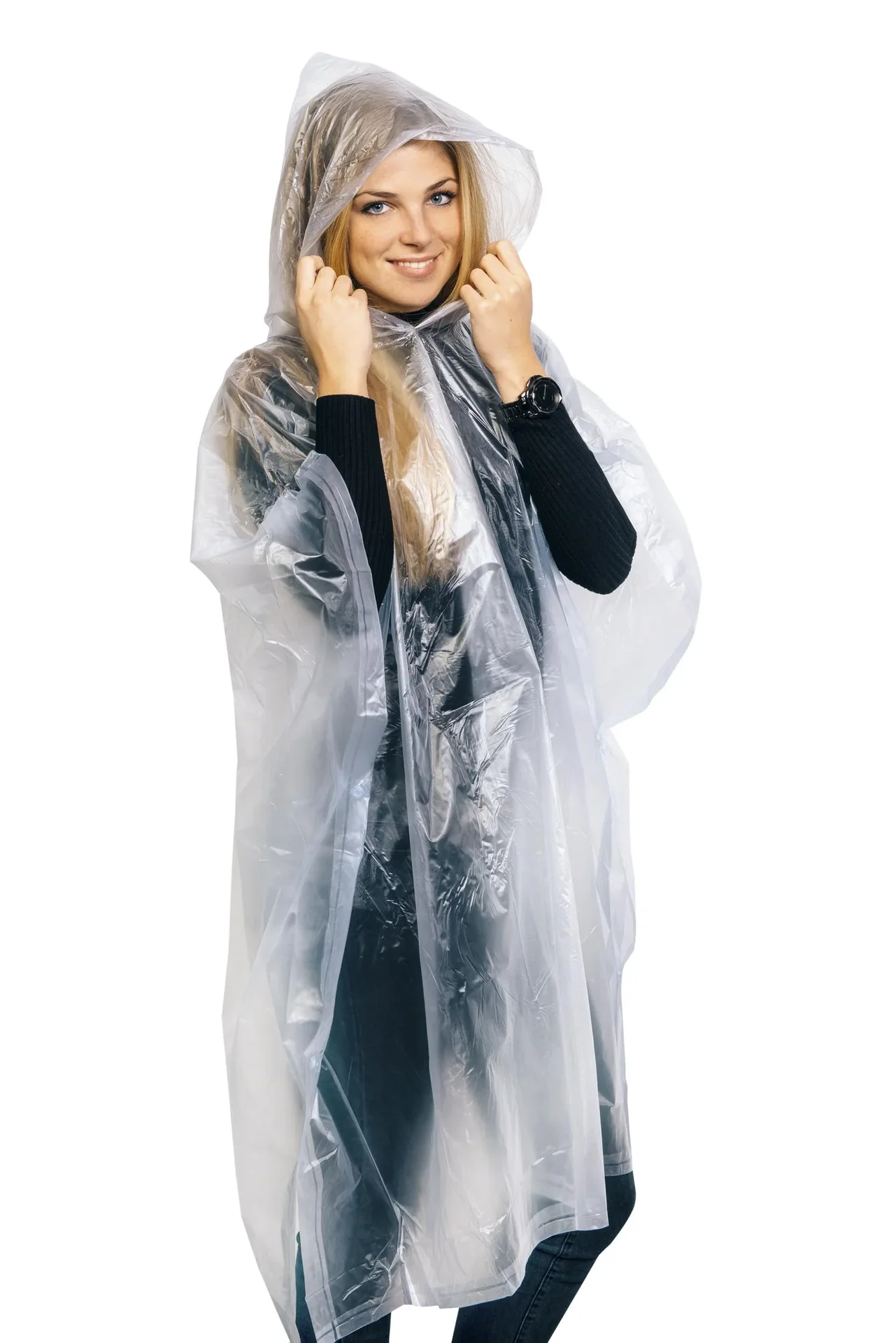 Regenponcho in Einheitsgröße, wasserfest, mit Druckknöpfen, Farbe transparent - 7