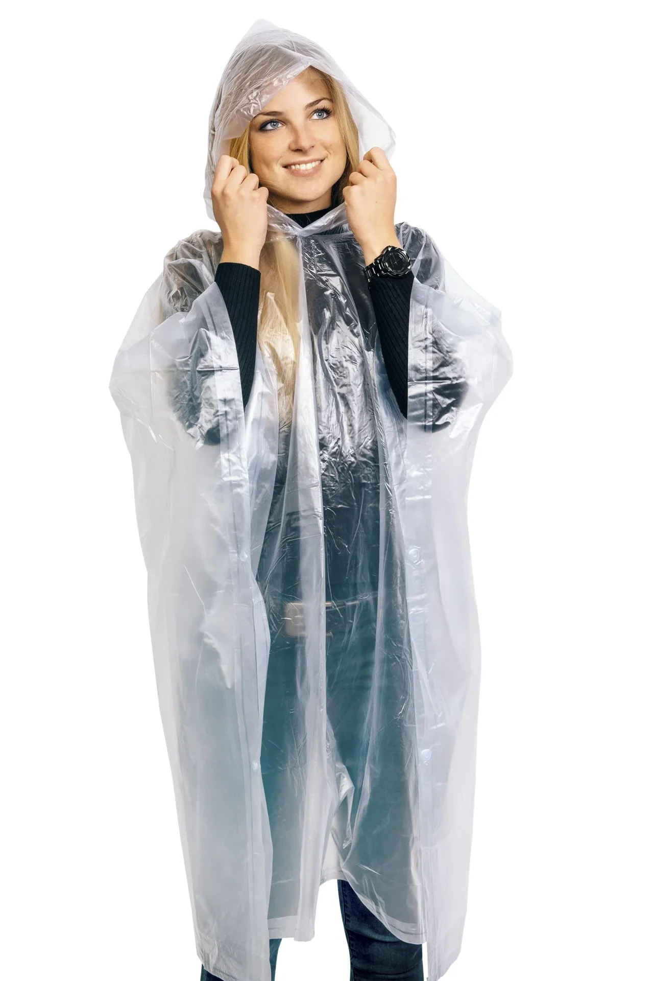 Regenponcho in Einheitsgröße, wasserfest, mit Druckknöpfen, Farbe transparent - 8