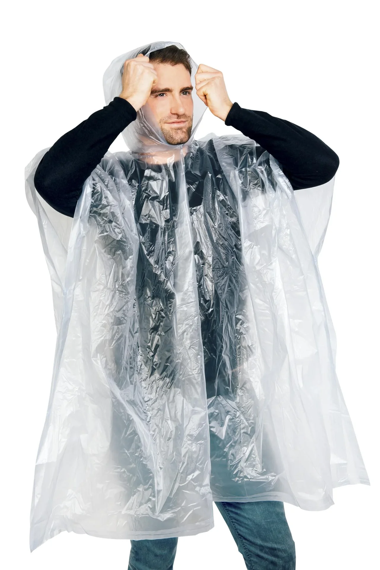 Regenponcho in Einheitsgröße, wasserfest, mit Druckknöpfen, Farbe transparent - 10