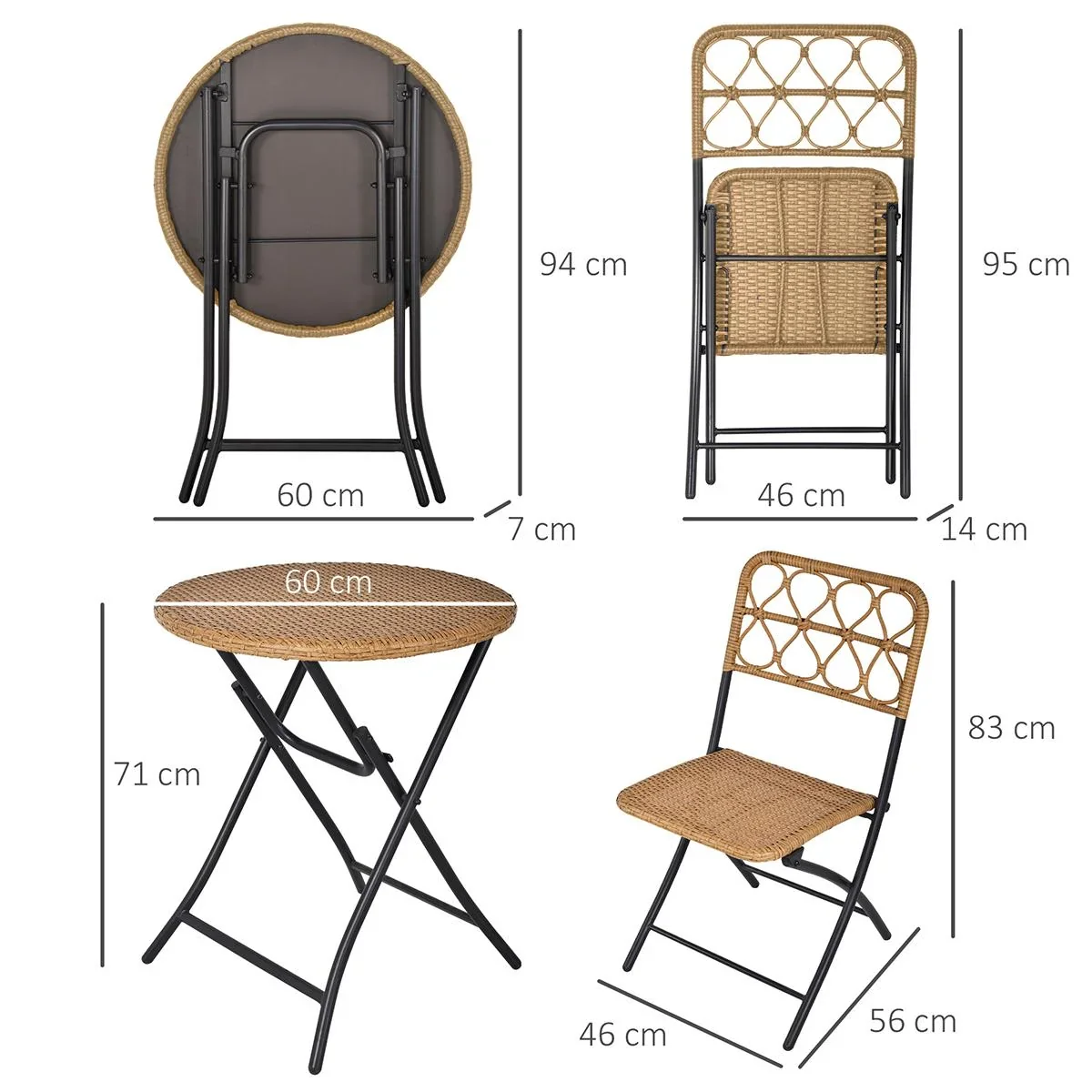 3 tlg. Polyrattan Sitzgruppe Bistroset Balkonset Garnitur 2 Stühlen + Tisch Klappbar Garten Natur - 0
