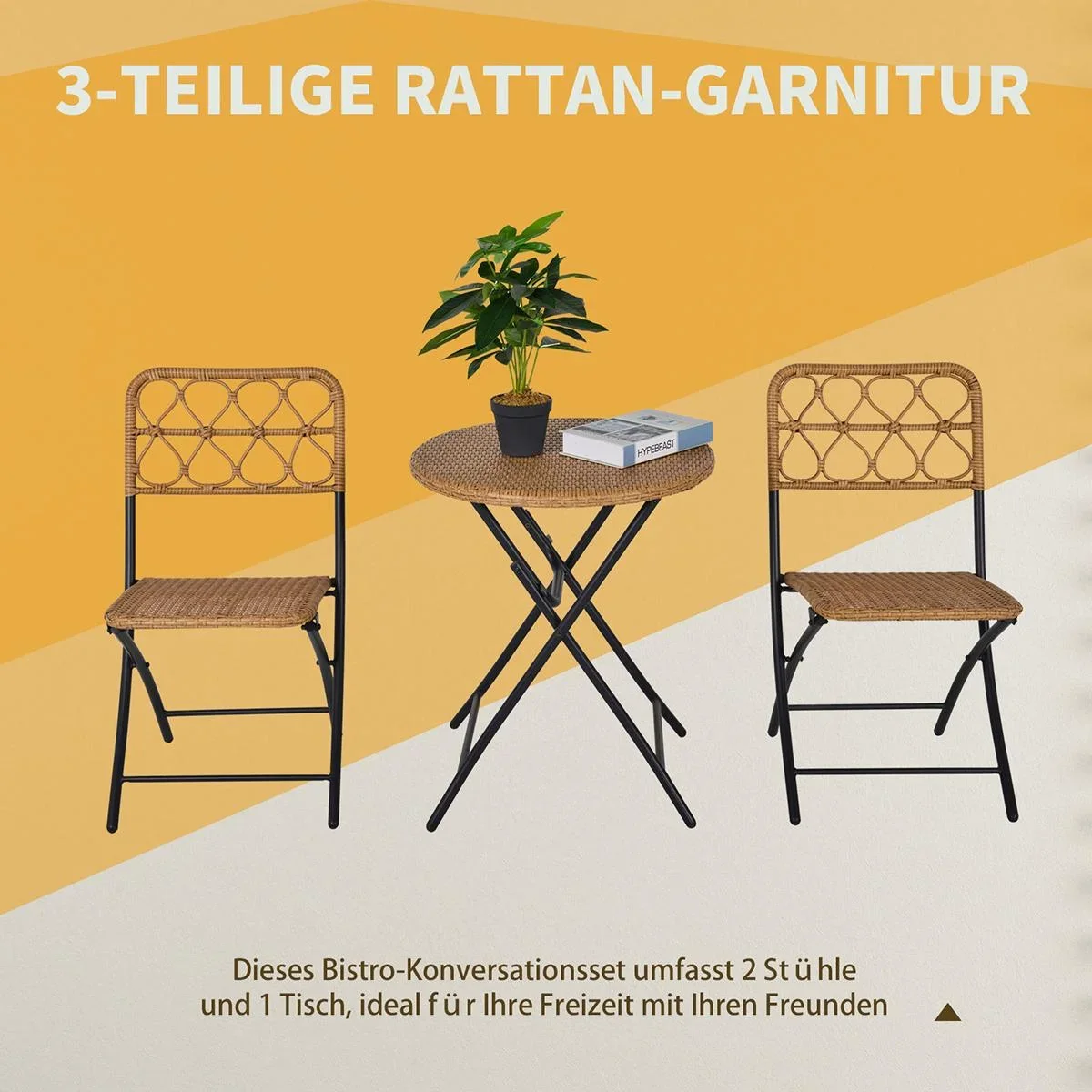 3 tlg. Polyrattan Sitzgruppe Bistroset Balkonset Garnitur 2 Stühlen + Tisch Klappbar Garten Natur - 1