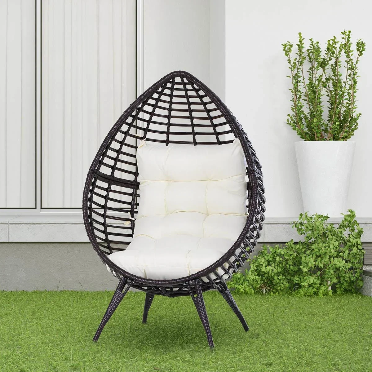 Rattansessel in Tropfenform, Gartensessel mit Sitzkissen, Erhöhter Rattanstuhl, Stahl, Braun, 101 x 89 x 156 cm - 2