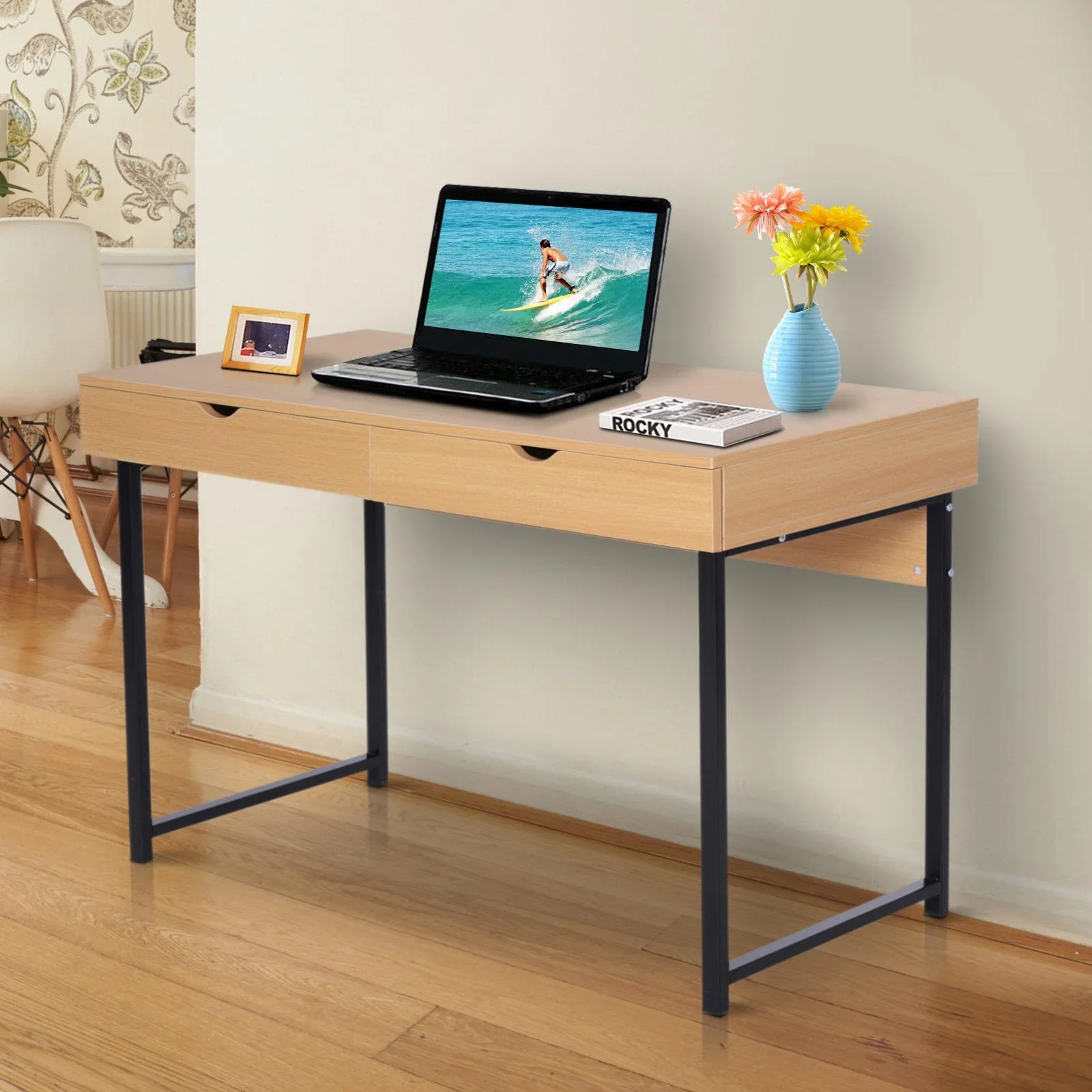 Schreibtisch PC-Tisch Computertisch mit 2 Schubladen Holz + Metall Natur 120 x 52 x 76,2 cm - 2