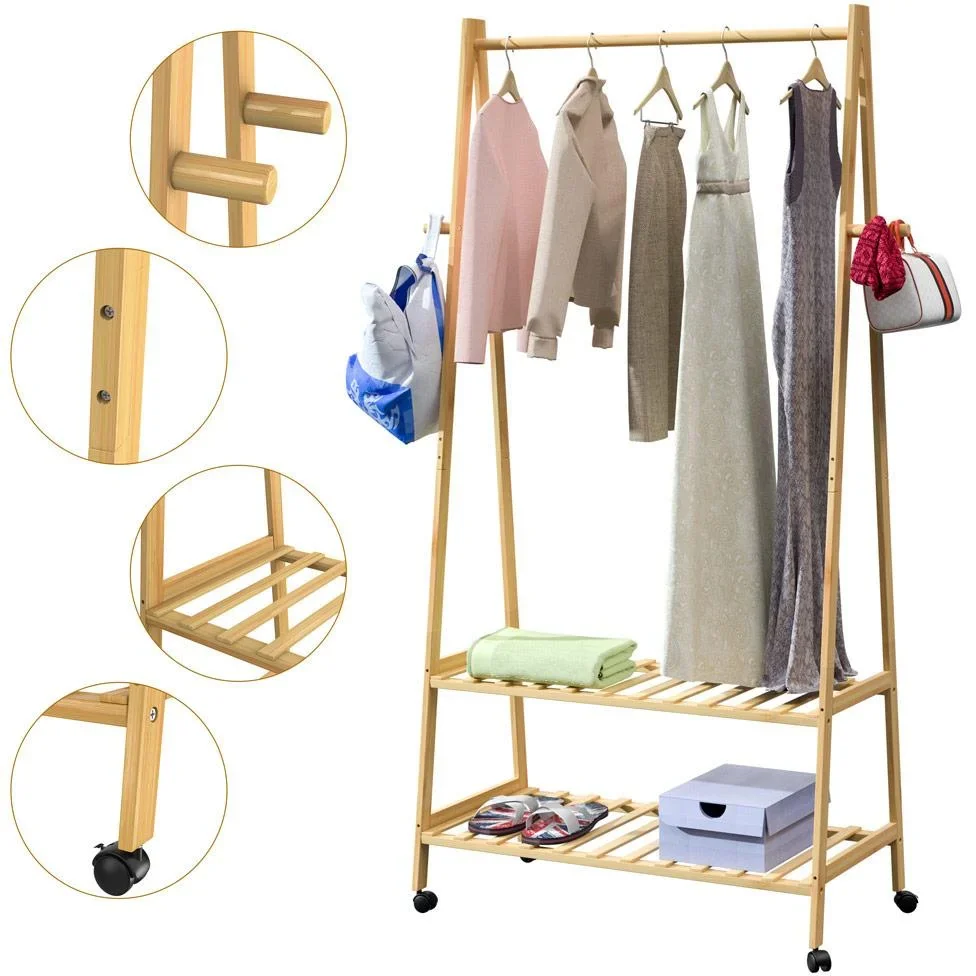 Bambus-Kleiderständer mit Kleiderstange + 2 Ablagen und 4 Rollen - 2