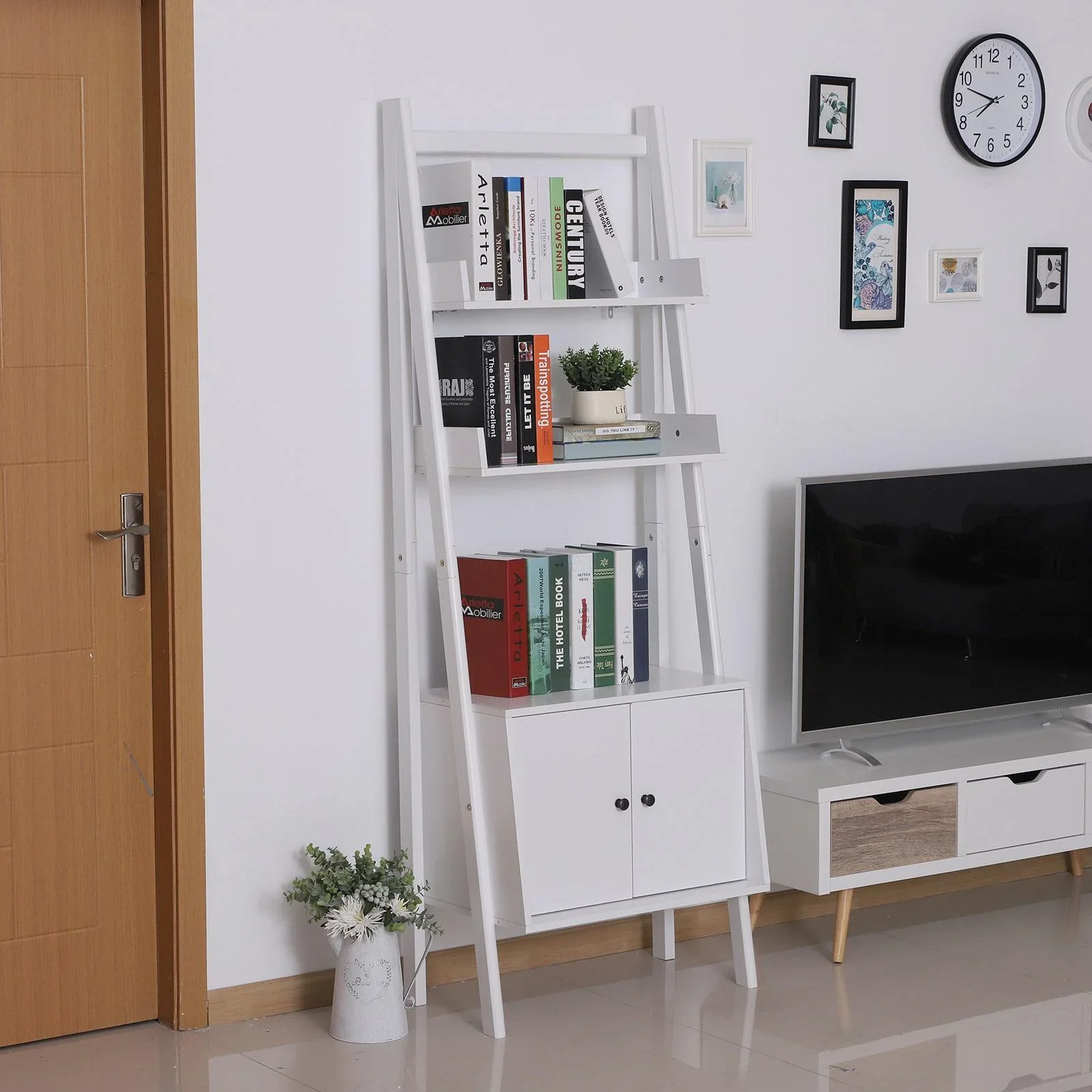 Standregal Stufenregal Bücherregal Leiterregal mit Schrank 3 x Fach 1 x Schrank Holz Weiß 65 x 40 x 180 cm - 7