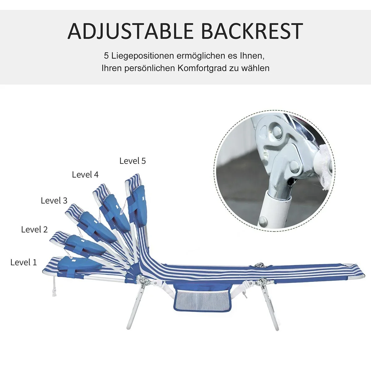 2er-Set Sonnenliege Gartenliege mit Leseöffnung 5-stufig einstellbar Gartenmöbel PVC-Gewebe+Metall Blau+Weiß 182 x 55 x - 1