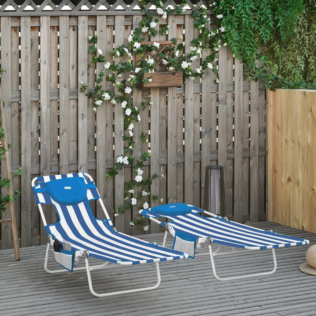 2er-Set Sonnenliege Gartenliege mit Leseöffnung 5-stufig einstellbar Gartenmöbel PVC-Gewebe+Metall Blau+Weiß 182 x 55 x - 3