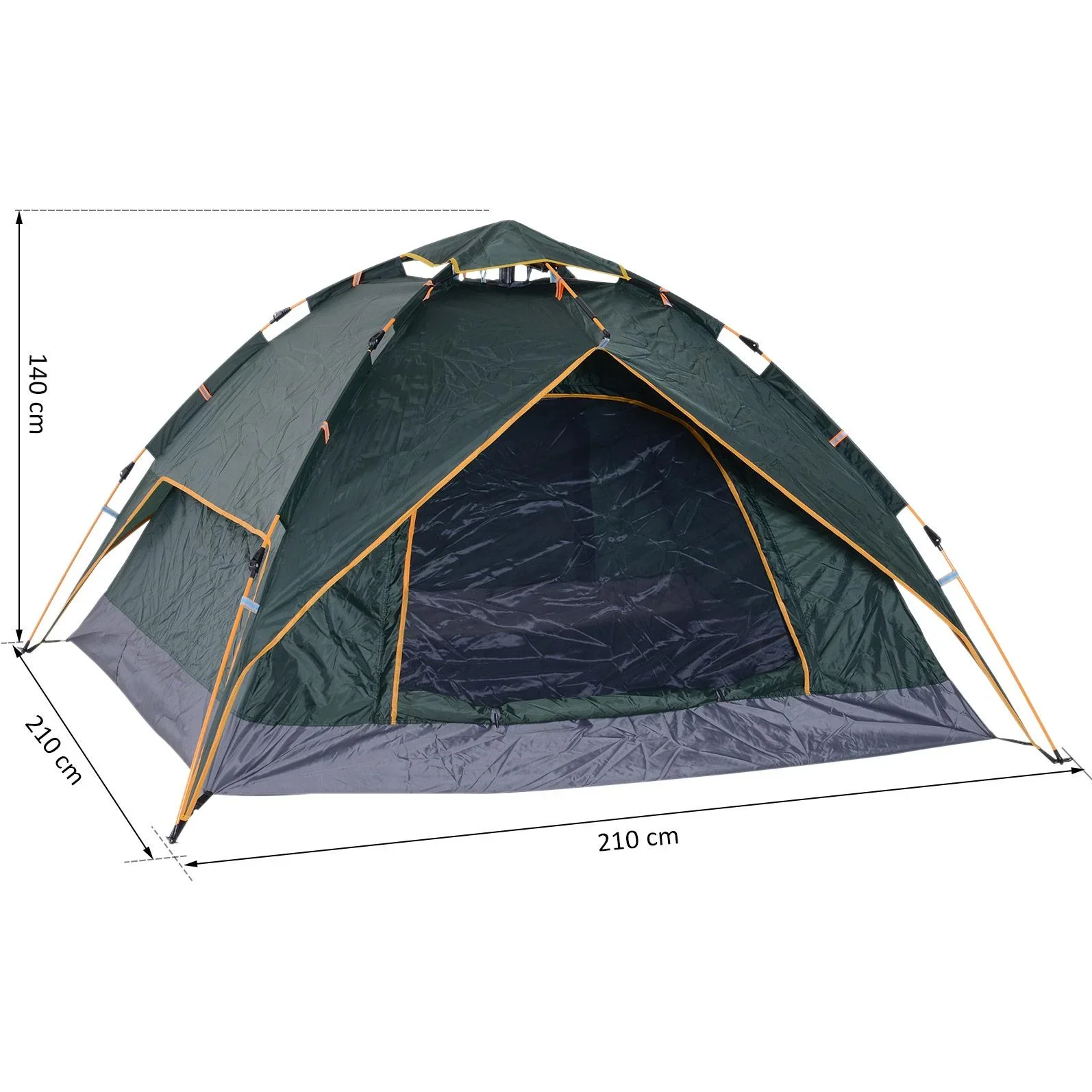 Doppelzelt Campingzelt Quick-Up-Zelt 2 Erwachsene + 1 Kind wasserdicht Tragetasche 2 Türen Dunkelgrün 210 x 210 x 140 cm - 5