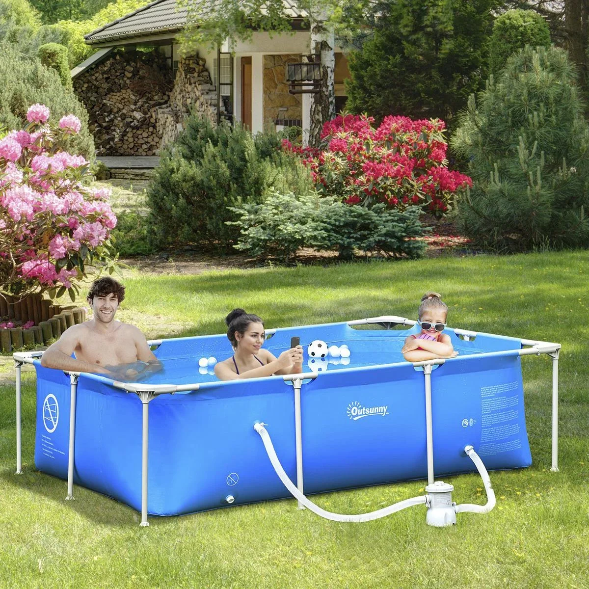 Rahmenpool mit Schlauch Draht Swimmingpool Schwimmbad Ablassventil für sauberen Wasser 1000D PVC Stahl Blau 252 x 152 x - 0