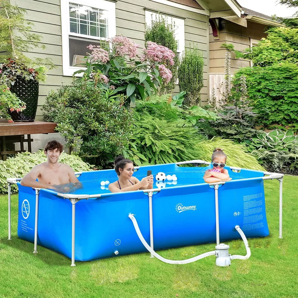 Rahmenpool mit Schlauch Draht Swimmingpool Schwimmbad Ablassventil für sauberen Wasser 1000D PVC Stahl Blau 252 x 152 x - 2