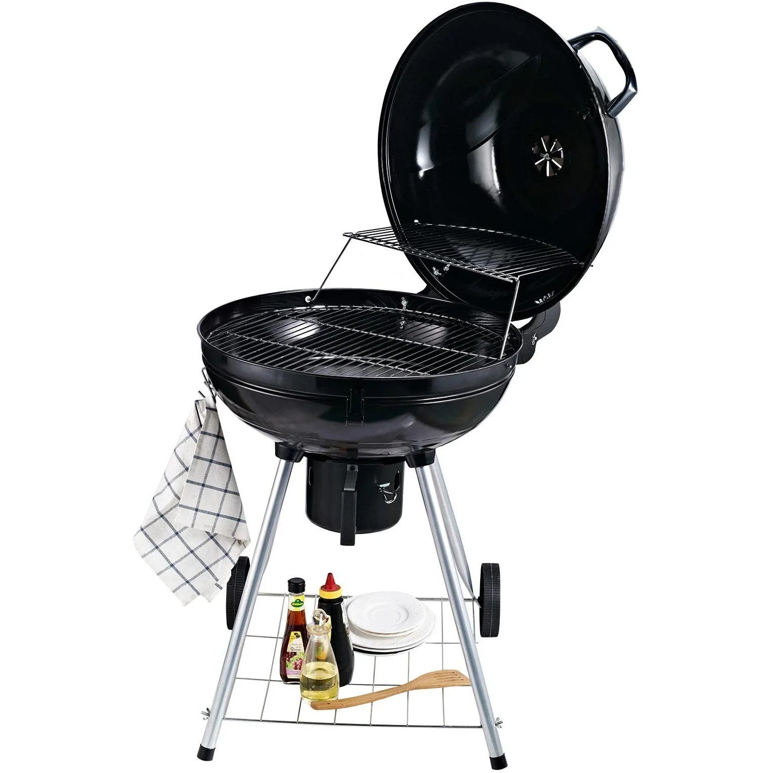 Grillwagen Kohlegrill Standgrill Kugelgrill BBQ rund mit Aschefänger Metall Schwarz Ø57 x 94 cm - 1