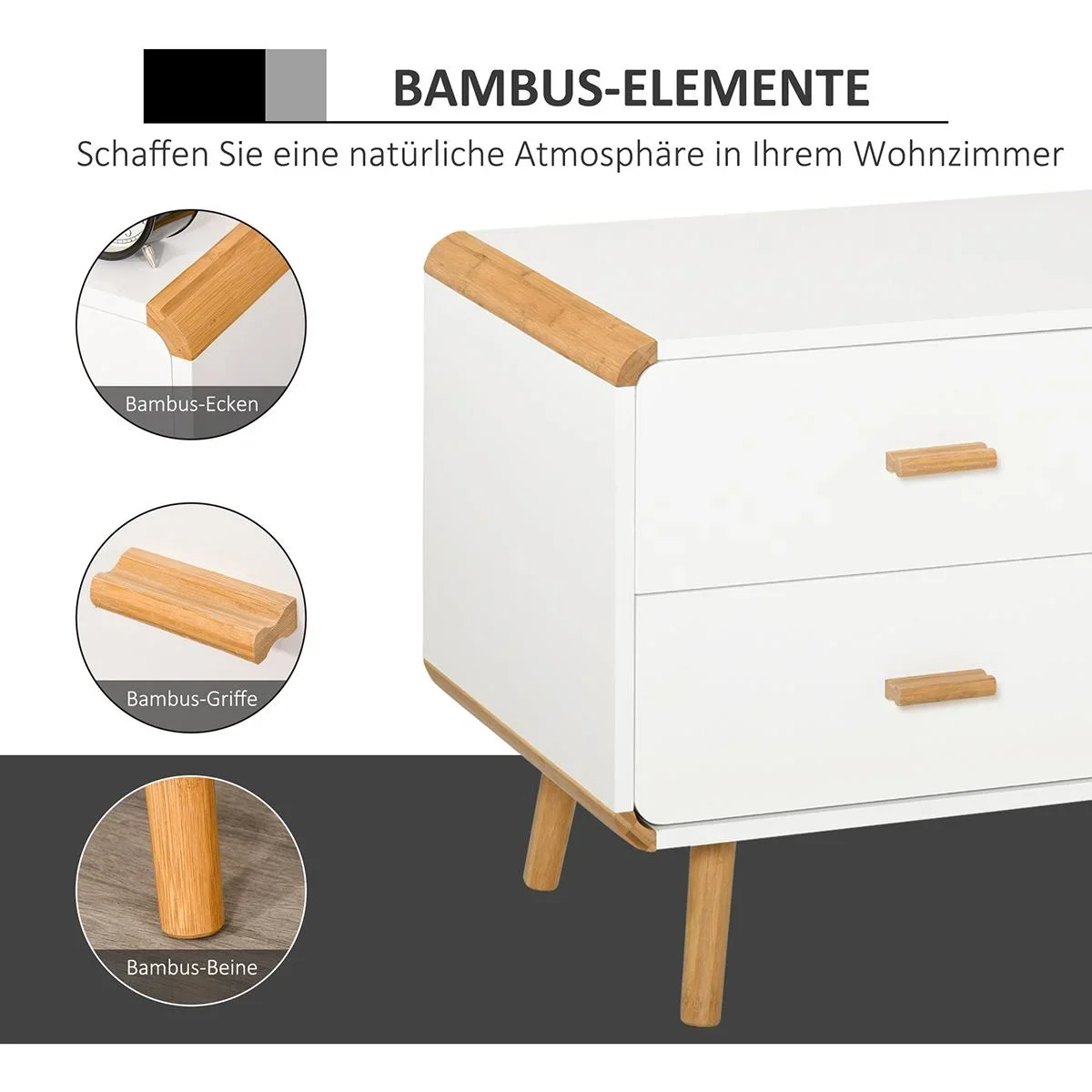 TV Schrank mit 2 Schubladen und 1 Fach Weiß+Natur - 0