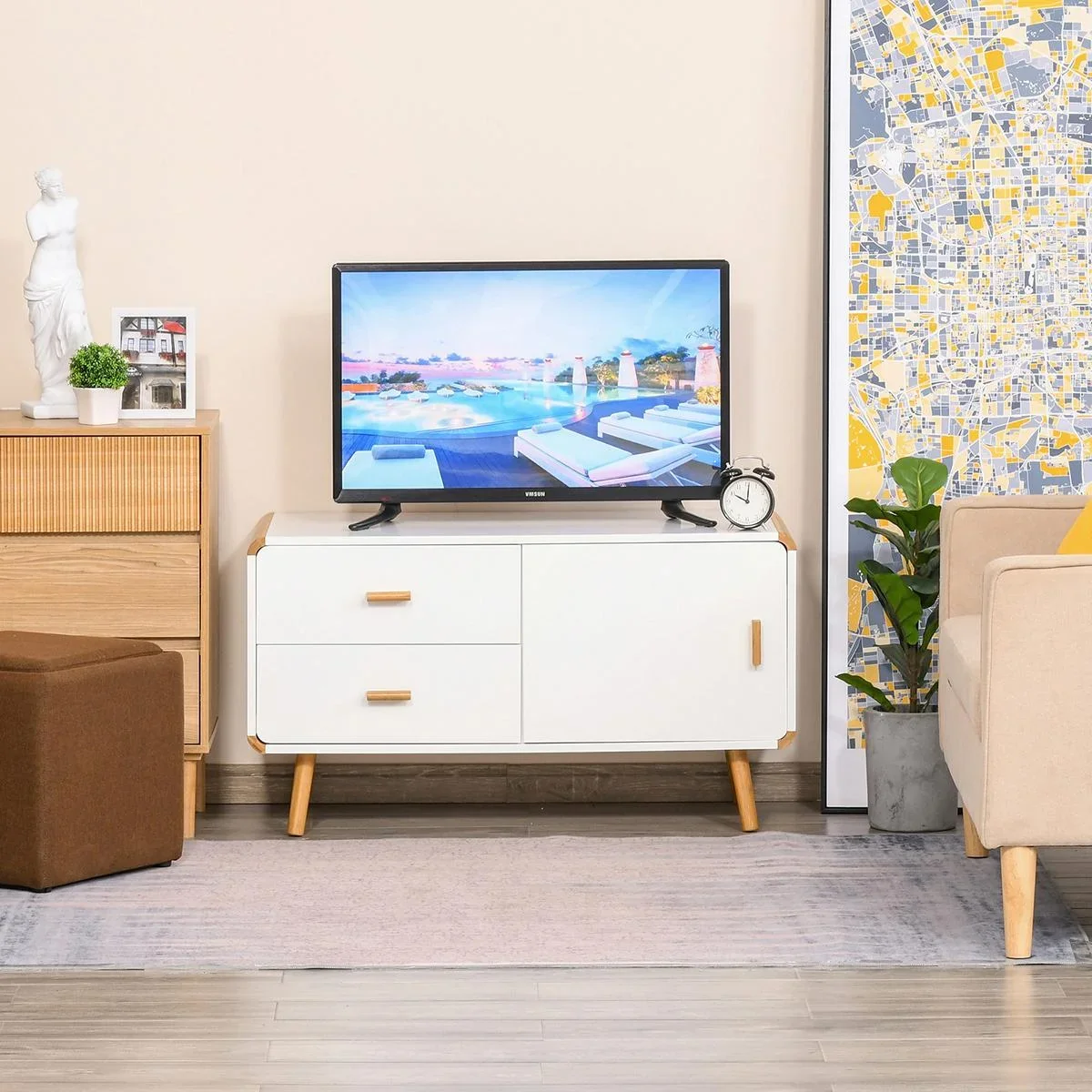 TV Schrank mit 2 Schubladen und 1 Fach Weiß+Natur - 7