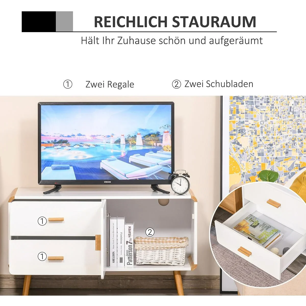 TV Schrank mit 2 Schubladen und 1 Fach Weiß+Natur - 8