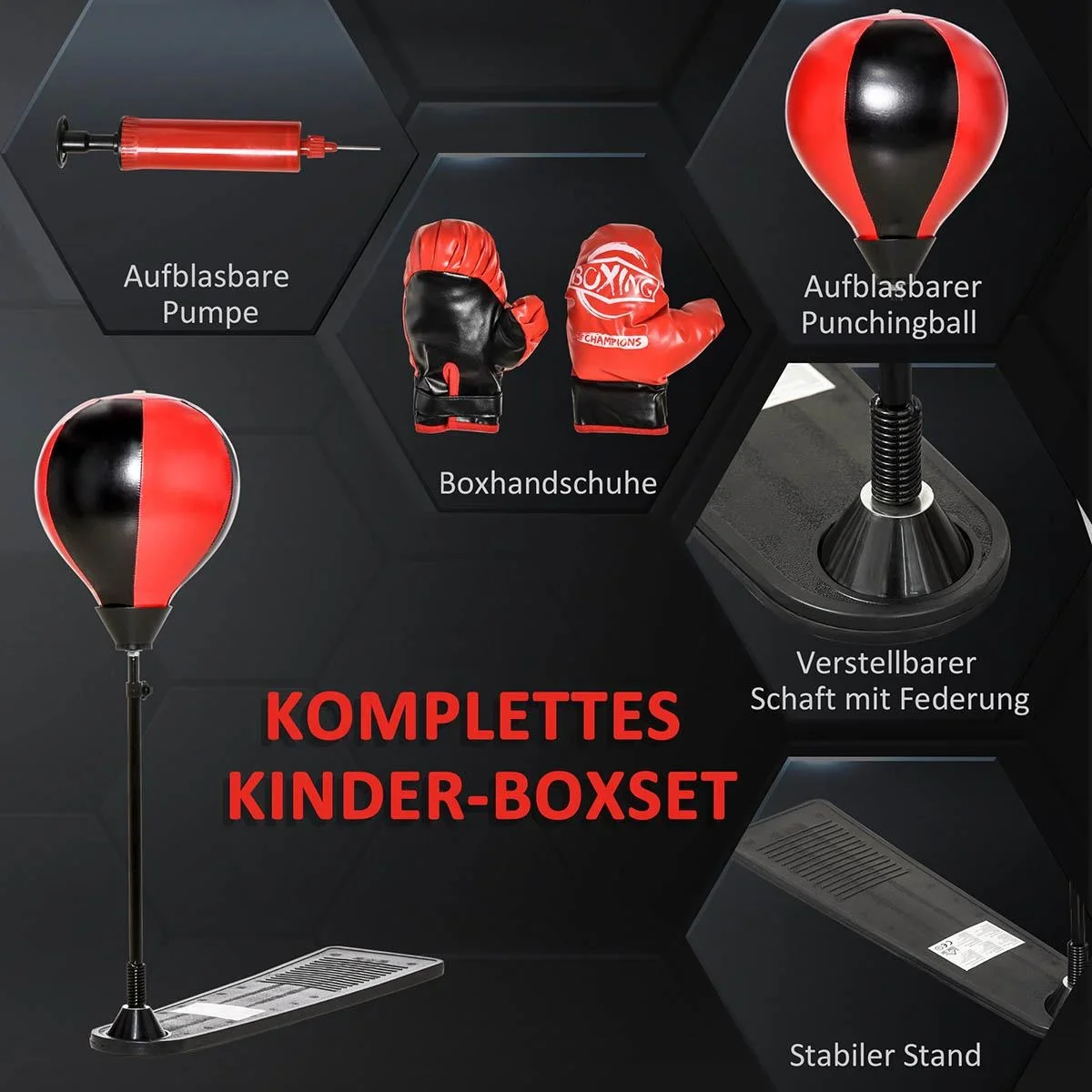 Boxset Boxstand für Kinder Punchingball Set höhenverstellbar 87,5-129,5 cm Standboxsack mit Boxhandschuhe Pumpe für Kind - 3
