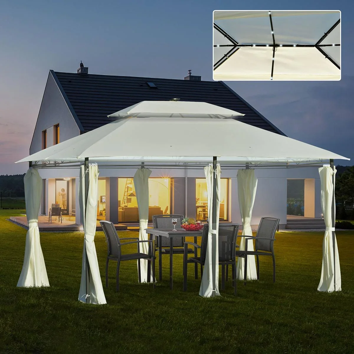 Gartenpavillon 4 x 3m Pavillon Gartenzelt Festzelt Partyzelt mit LED Licht Stahl Polyester Cremeweiß - 0
