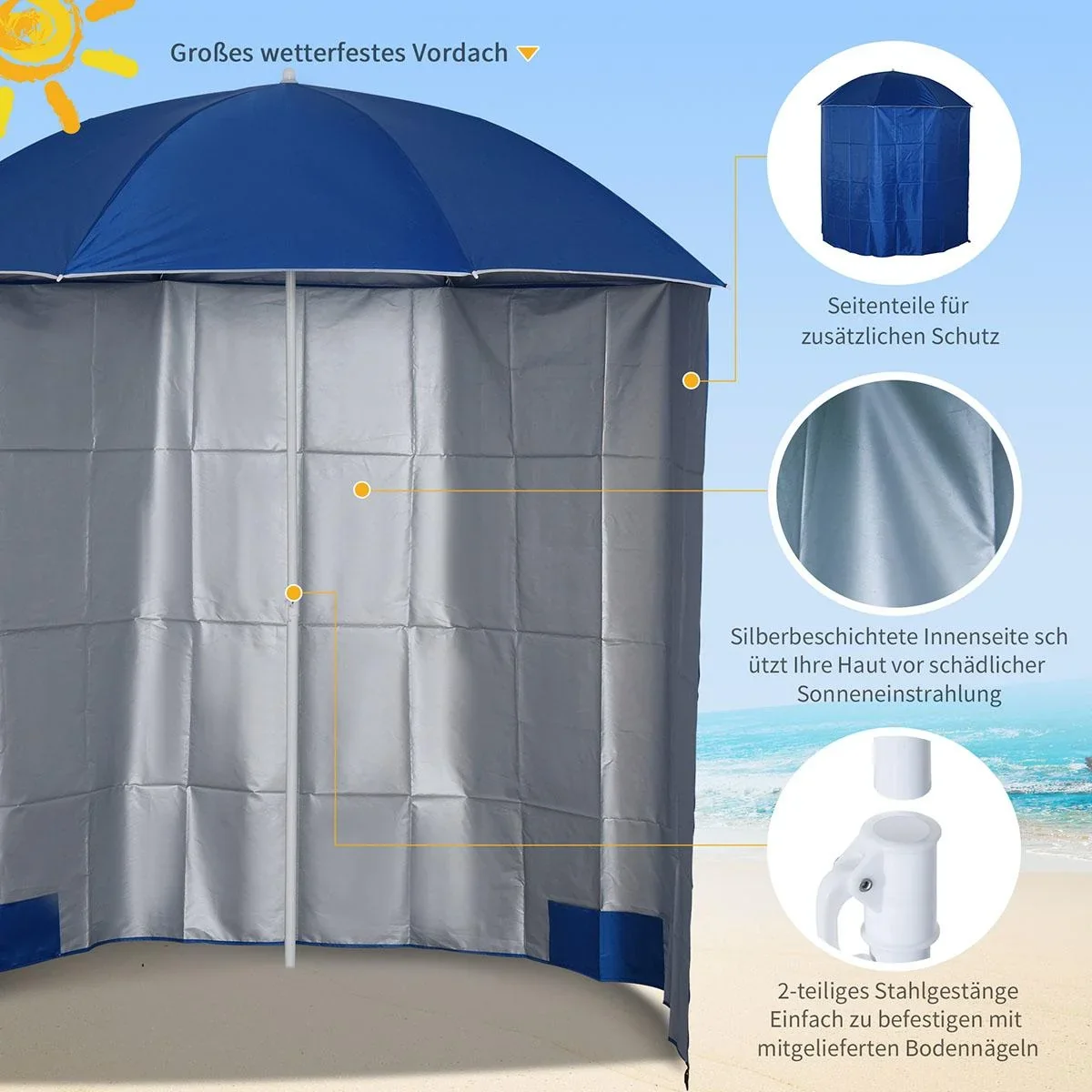 Sonnenschirm Strandschirm Sonnenschutz mit Seitenwand Strand Polyester Blau 2,2 x H2,2m - 2