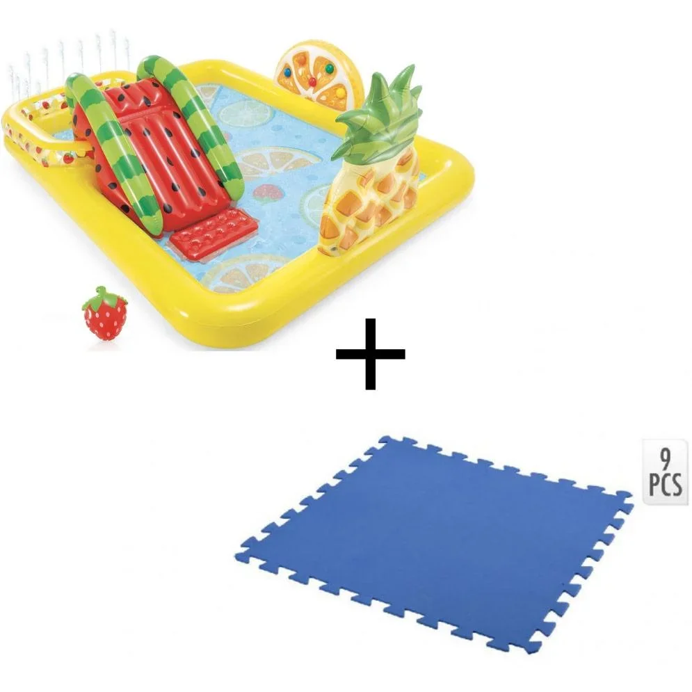 Aufblasbares Kinderbecken mit Rutsche Obst 244 x 191 x 91 cm INKL. Free And Easy Schwimmbadfliesen Schaumstoff Blau 9 - 0