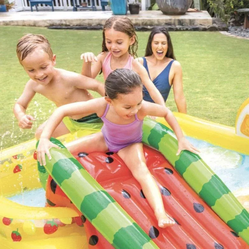 Aufblasbares Kinderbecken mit Rutsche Obst 244 x 191 x 91 cm INKL. Free And Easy Schwimmbadfliesen Schaumstoff Blau 9 - 3