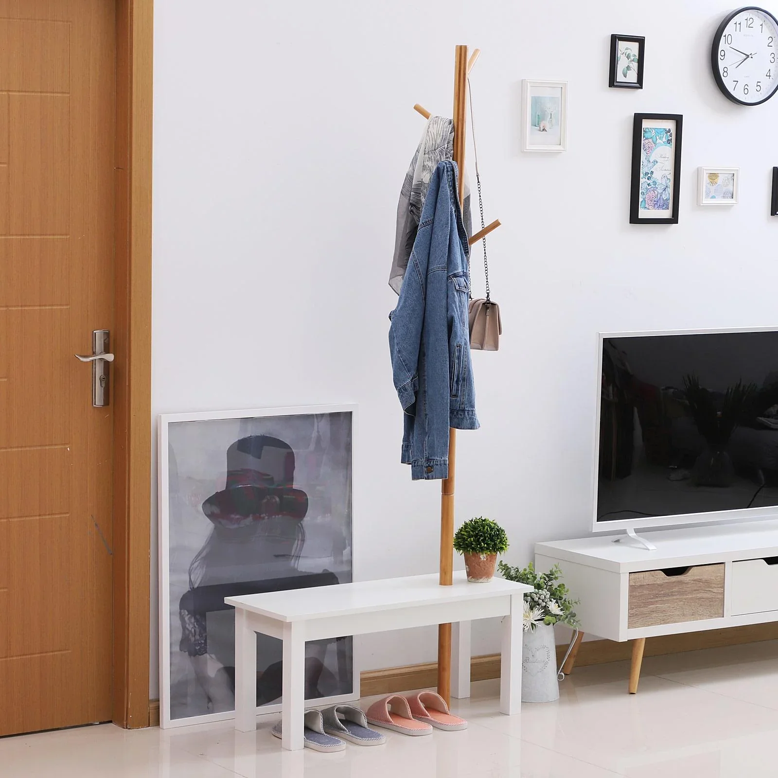 Garderobenständer Kleiderhaken Garderobe mit Sitzbank Baum-Design Zweige 6 Haken - 1