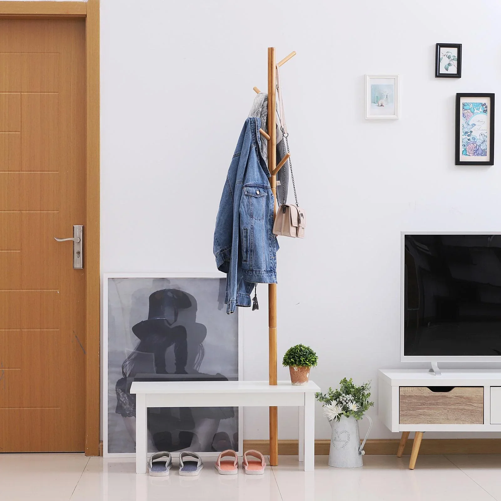 Garderobenständer Kleiderhaken Garderobe mit Sitzbank Baum-Design Zweige 6 Haken - 3
