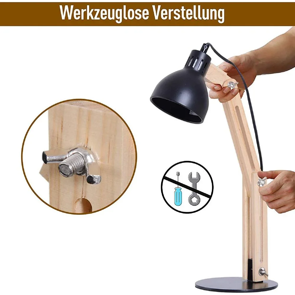 Tischleuchte Schreibtischlampe verstellbar Leselampe Büro Metall + Holz schwarz 26 x 15 x 41 cm - 0