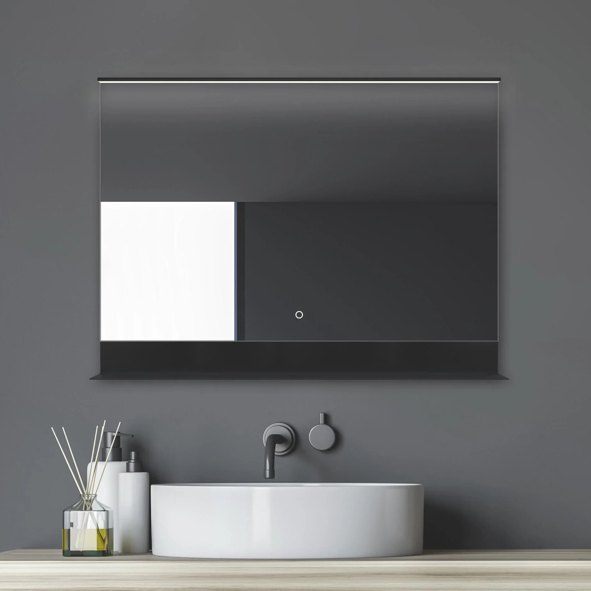 Badezimmerspiegel mit Beleuchtung, "Black Home" - 80 x 60 cm - Lichtfarbe neutralweiß - mit praktischer Ablage - 3