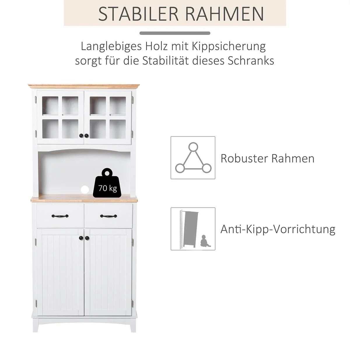 Küchenschrank mit 2 Schubladen, Hochschrank mit verstellbaren Ablagen, Kommode, MDF, Gummiholz, 74 x 40 x 172 cm - 3