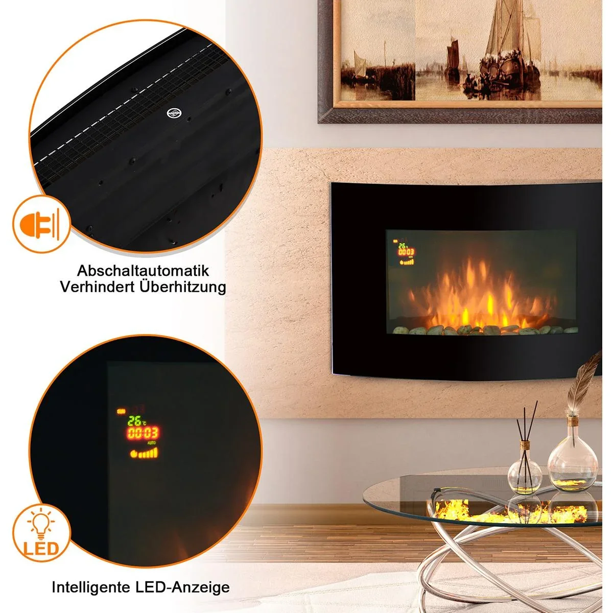 LED Elektrokamin mit Heizfunktion und Fernbedienungen schwarz - 2