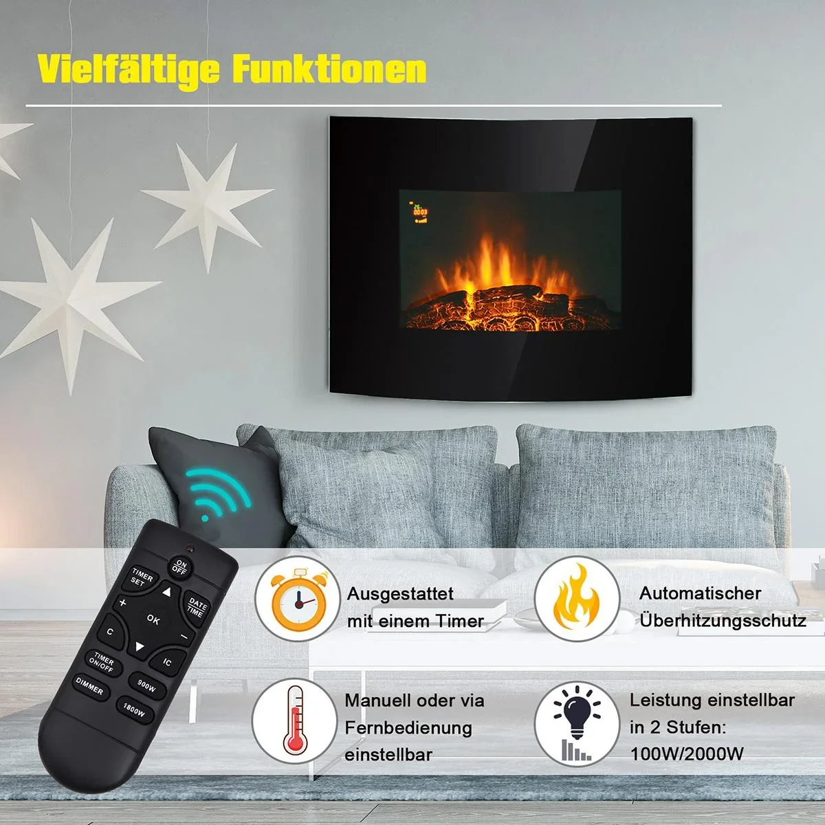 LED Elektrokamin mit Heizfunktion und Fernbedienungen schwarz - 6
