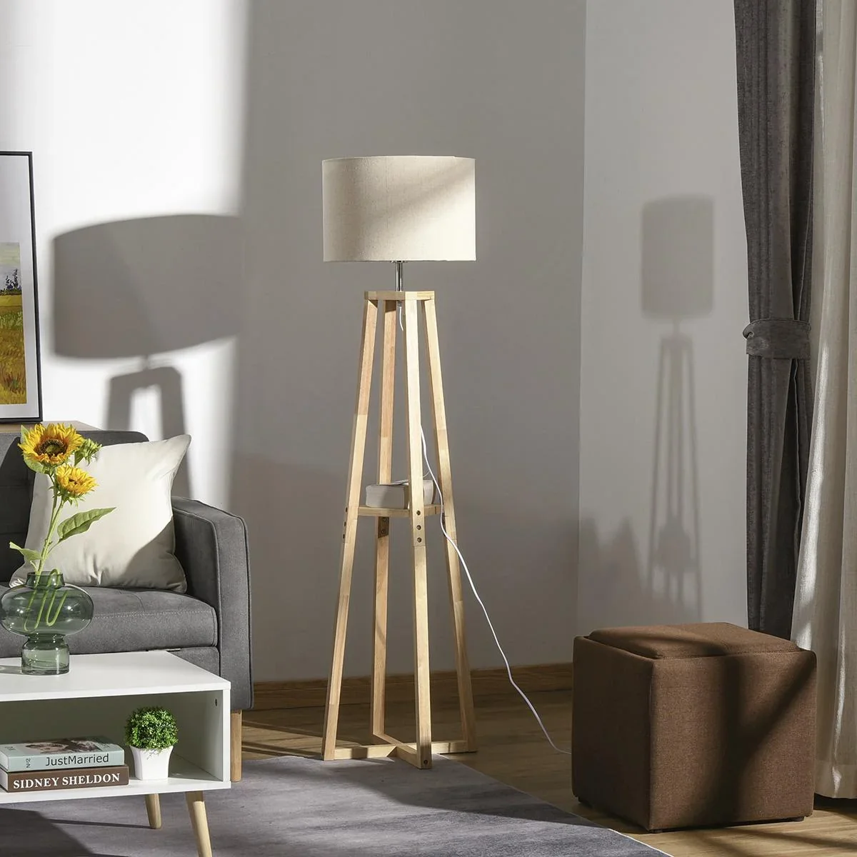 Stehlampe Stehleuchte mit Regal Pedal-Schalter modern und prägnant für Wohnzimmer Schlafzimmer Büro Metall Leinen Gummih - 0