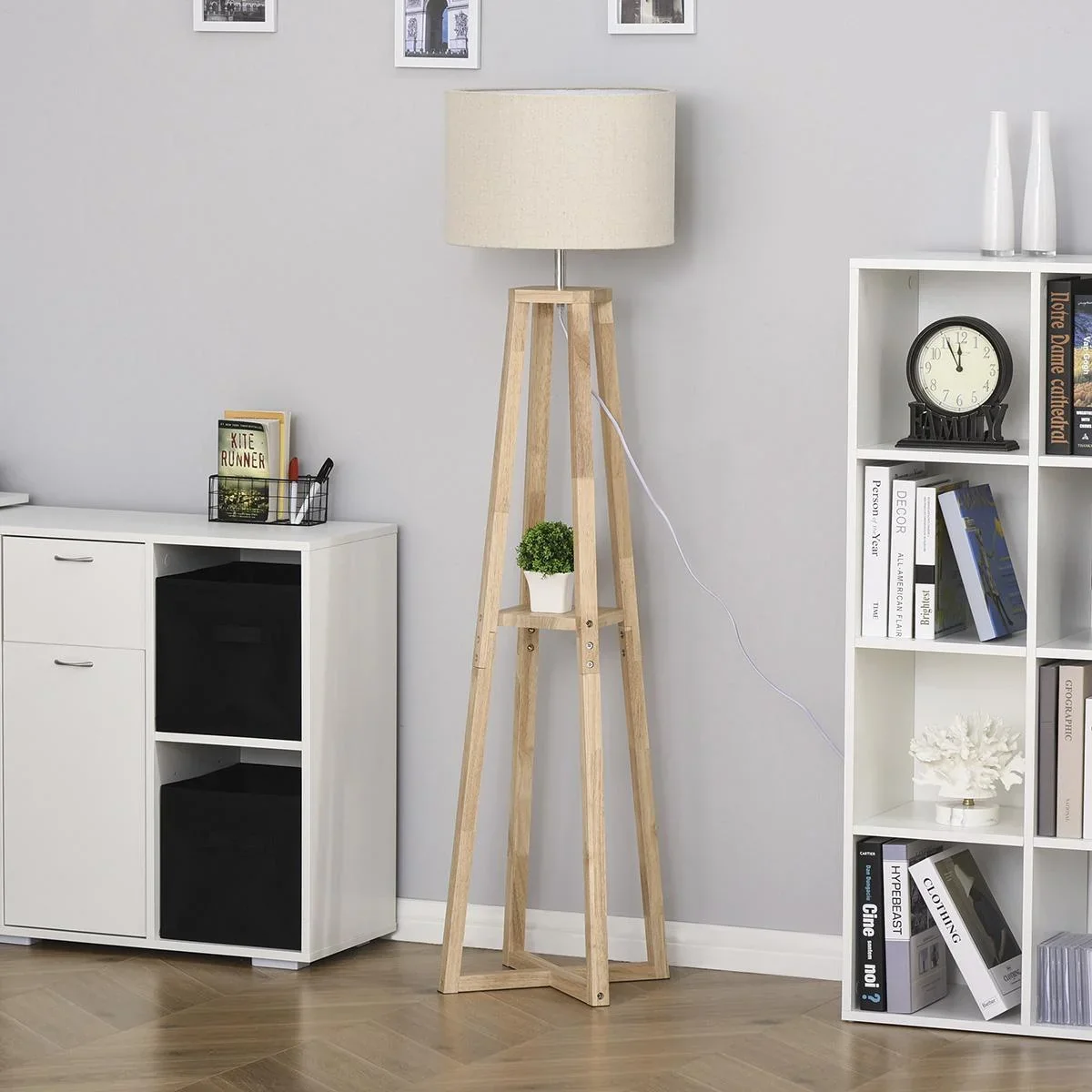 Stehlampe Stehleuchte mit Regal Pedal-Schalter modern und prägnant für Wohnzimmer Schlafzimmer Büro Metall Leinen Gummih - 2