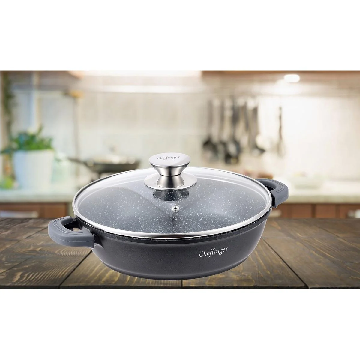 Cheffinger Schmortopf / Niedriger Kochtopf - Marmorbeschichtung - mit abnehmbaren Silikongriffen - Edelstahl - 32 cm - 1
