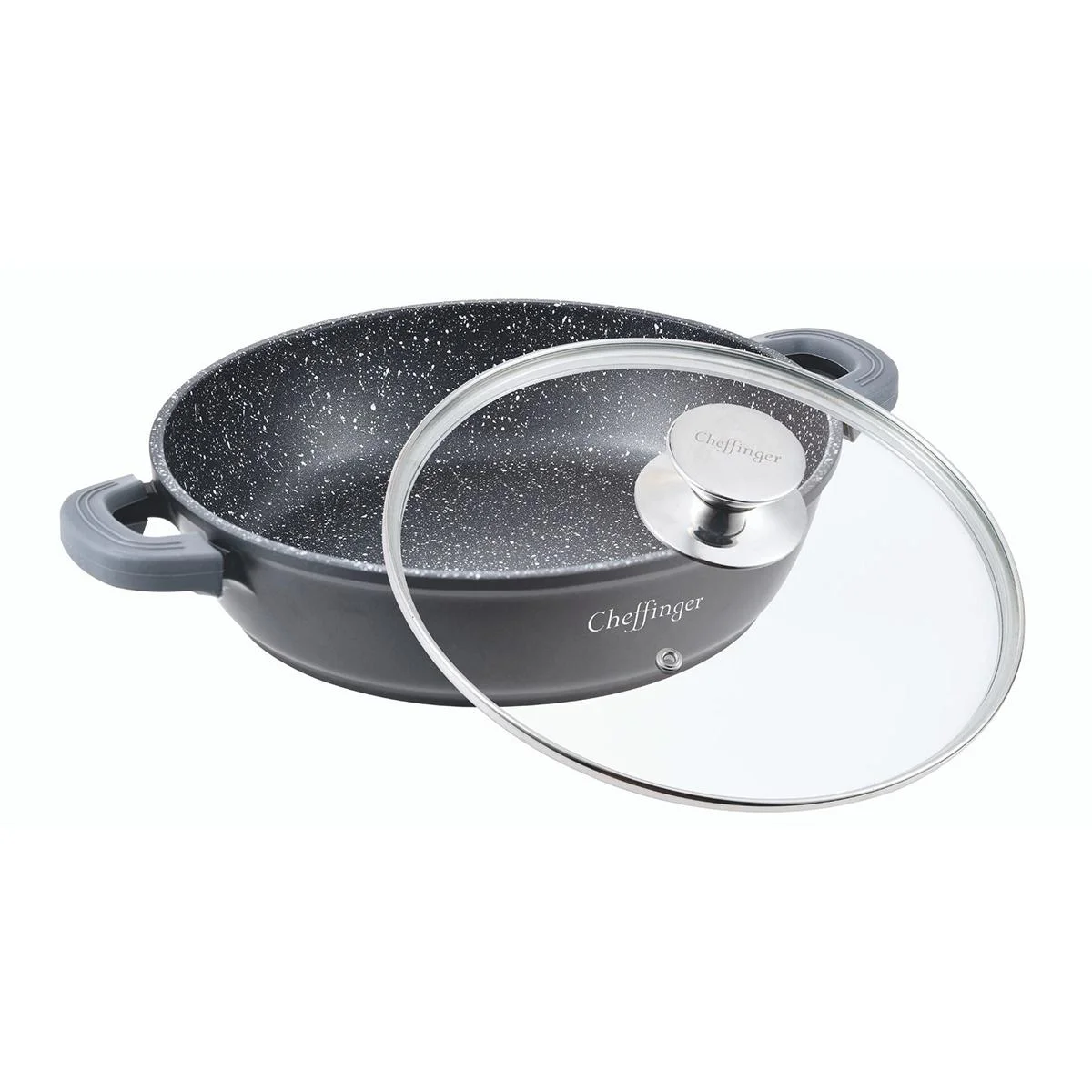 Cheffinger Schmortopf / Niedriger Kochtopf - Marmorbeschichtung - mit abnehmbaren Silikongriffen - Edelstahl - 32 cm - 3