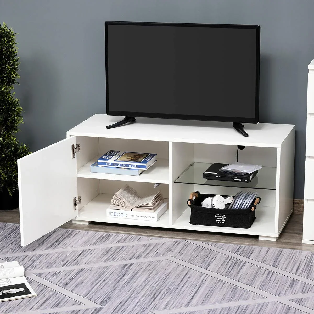 TV Schrank TV-Kommode mit Schubladen und Offene Regale Spanplatte Glas Weiß 100 x 40 x 45 cm - 4