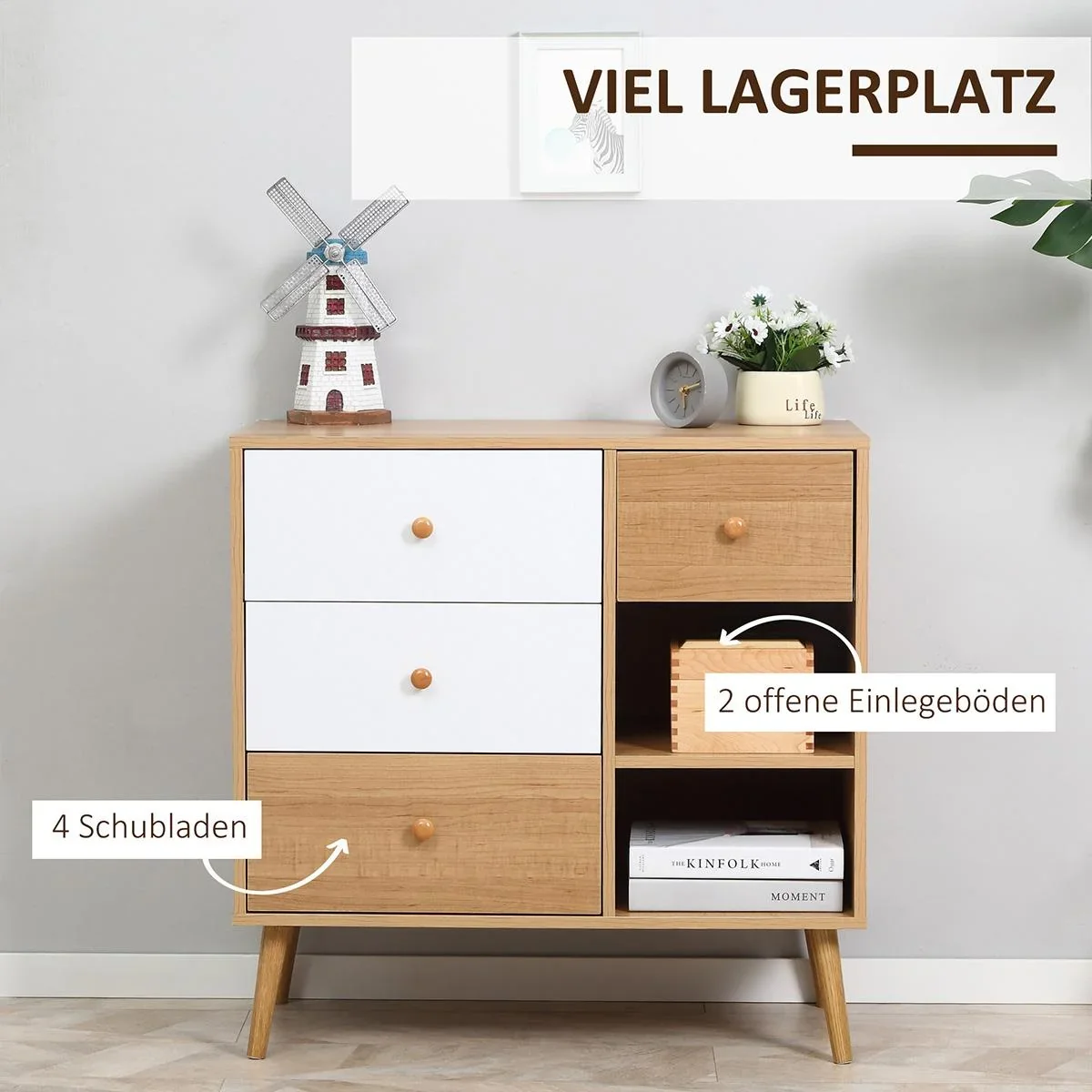 Sideboard Küchenschrank Kommode mit 2 offenen Fächern 4 Schubladen Skandi-Design Natur+Weiß 80 x 39 x 80 cm - 0