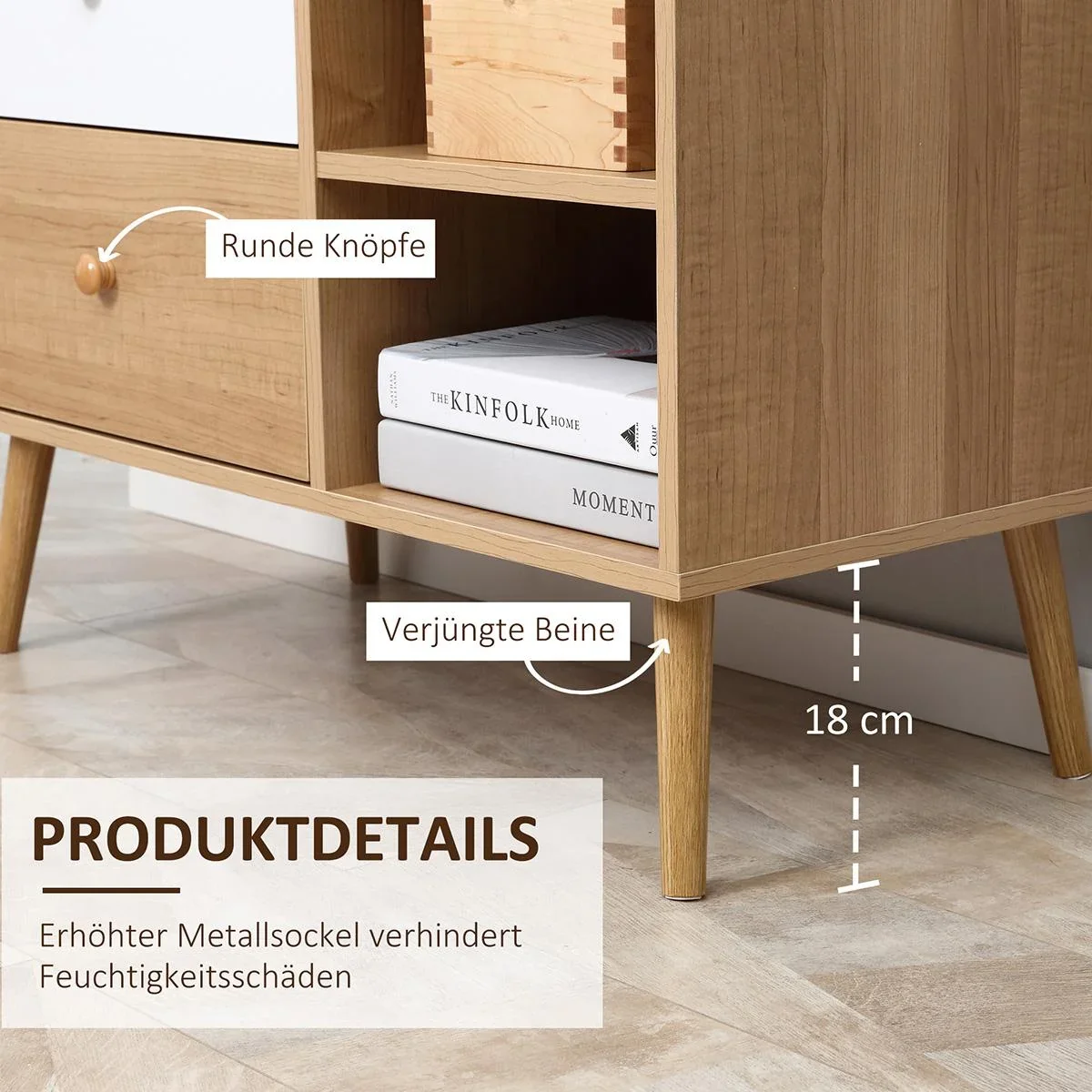 Sideboard Küchenschrank Kommode mit 2 offenen Fächern 4 Schubladen Skandi-Design Natur+Weiß 80 x 39 x 80 cm - 1