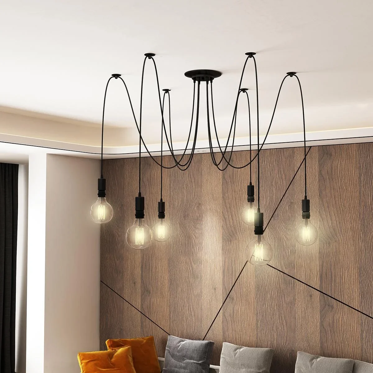 Deckenleuchte Kronleuchter mit 6 verstellbaren Armen, Leuchte in Spinnenform für Esszimmer, Wohnzimmer, Stahl, Schwarz, - 0