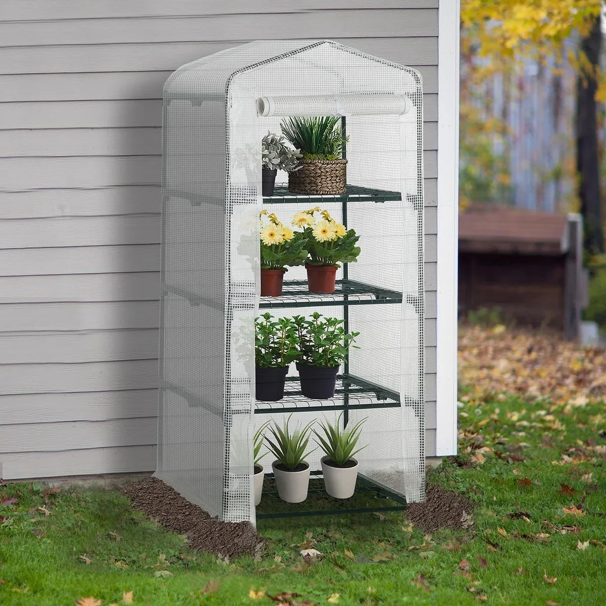 Folien Gewächshaus Treibhaus Tomatenhaus Pflanzenhaus Frühbeet 4 Regalfächer Weiß 70 x 50 x 160 cm - 0