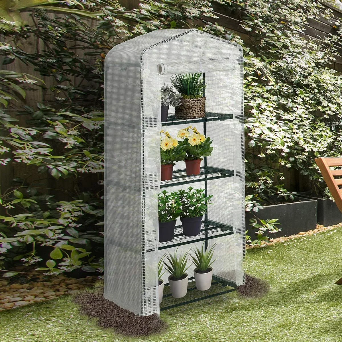 Folien Gewächshaus Treibhaus Tomatenhaus Pflanzenhaus Frühbeet 4 Regalfächer Weiß 70 x 50 x 160 cm - 1