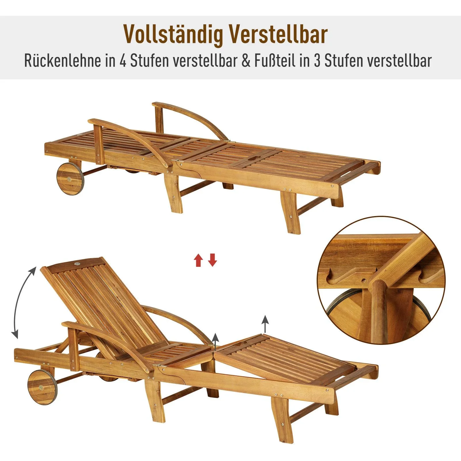 Gartenliege Sonnenliege Liegestuhl klappbar verstellbar Akazienholz Natur 195 x 70 x (66 85) cm - 6