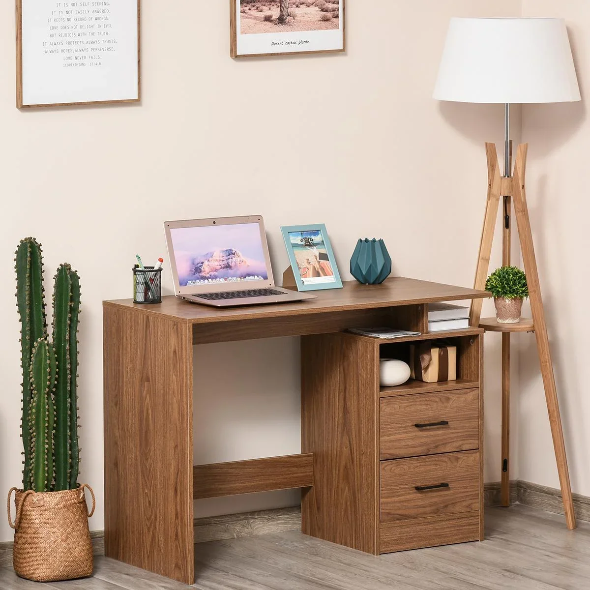 Schreibtisch Computertisch mit offenen Ablagen 2 Schubladen Arbeitstisch kompakter Bürotisch Spanplatte Natur 107 x 48 x - 0
