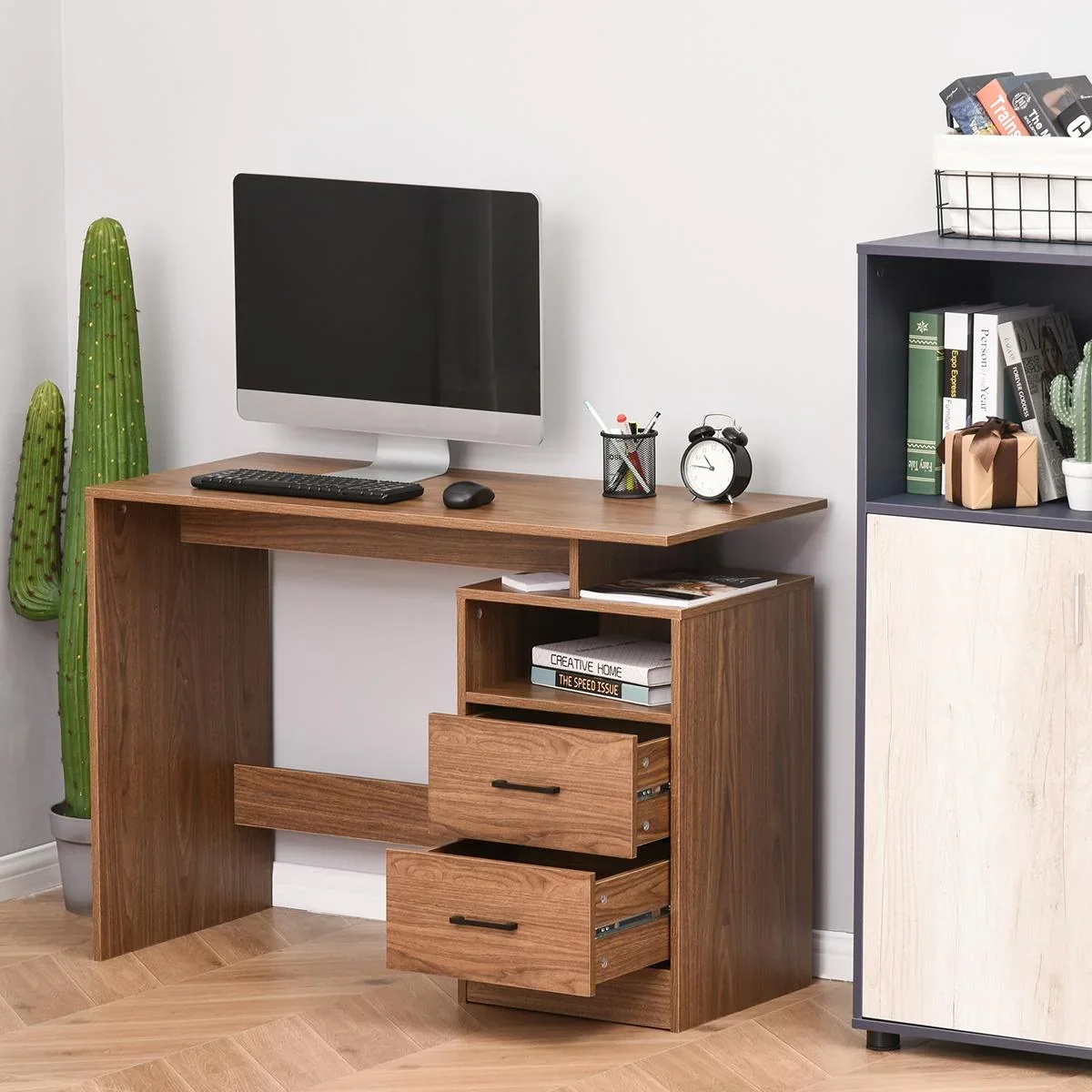 Schreibtisch Computertisch mit offenen Ablagen 2 Schubladen Arbeitstisch kompakter Bürotisch Spanplatte Natur 107 x 48 x - 2