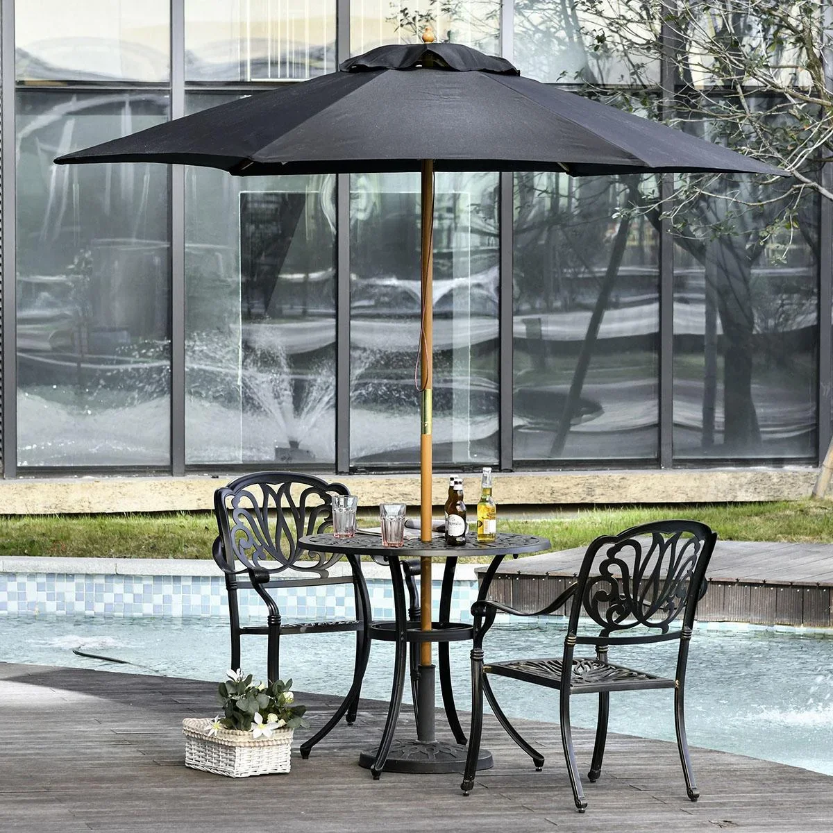 Sonnenschirm, Gartenschirm, 3-stufig, Sonnenschutz, Bambus 180/ Polyester, Schwarz, Ø2,5 x 2,3 m - 3