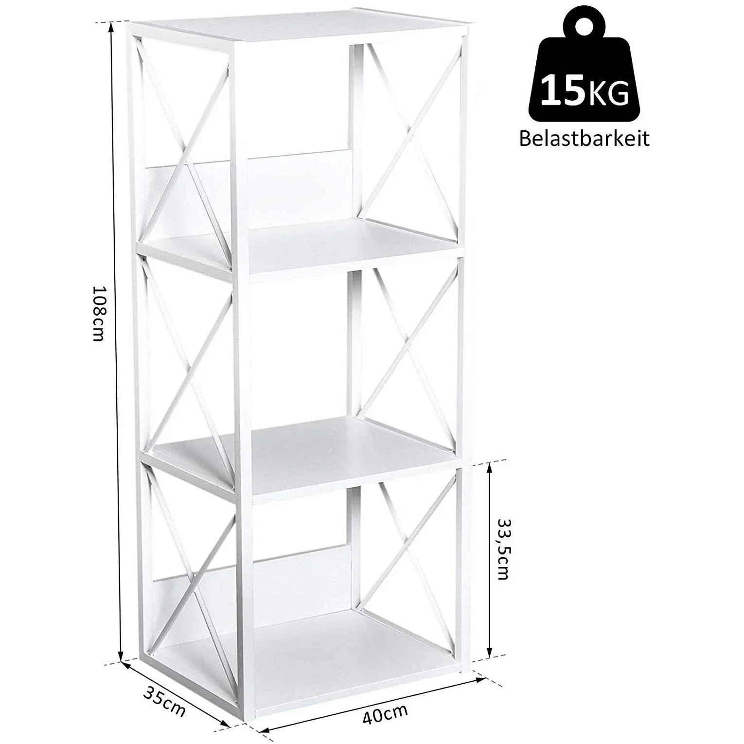 Standregal Bücherregal Aufbewahrungsregal 4 Staufächer Metall Weiß 40 x 35 x 108 cm - 2