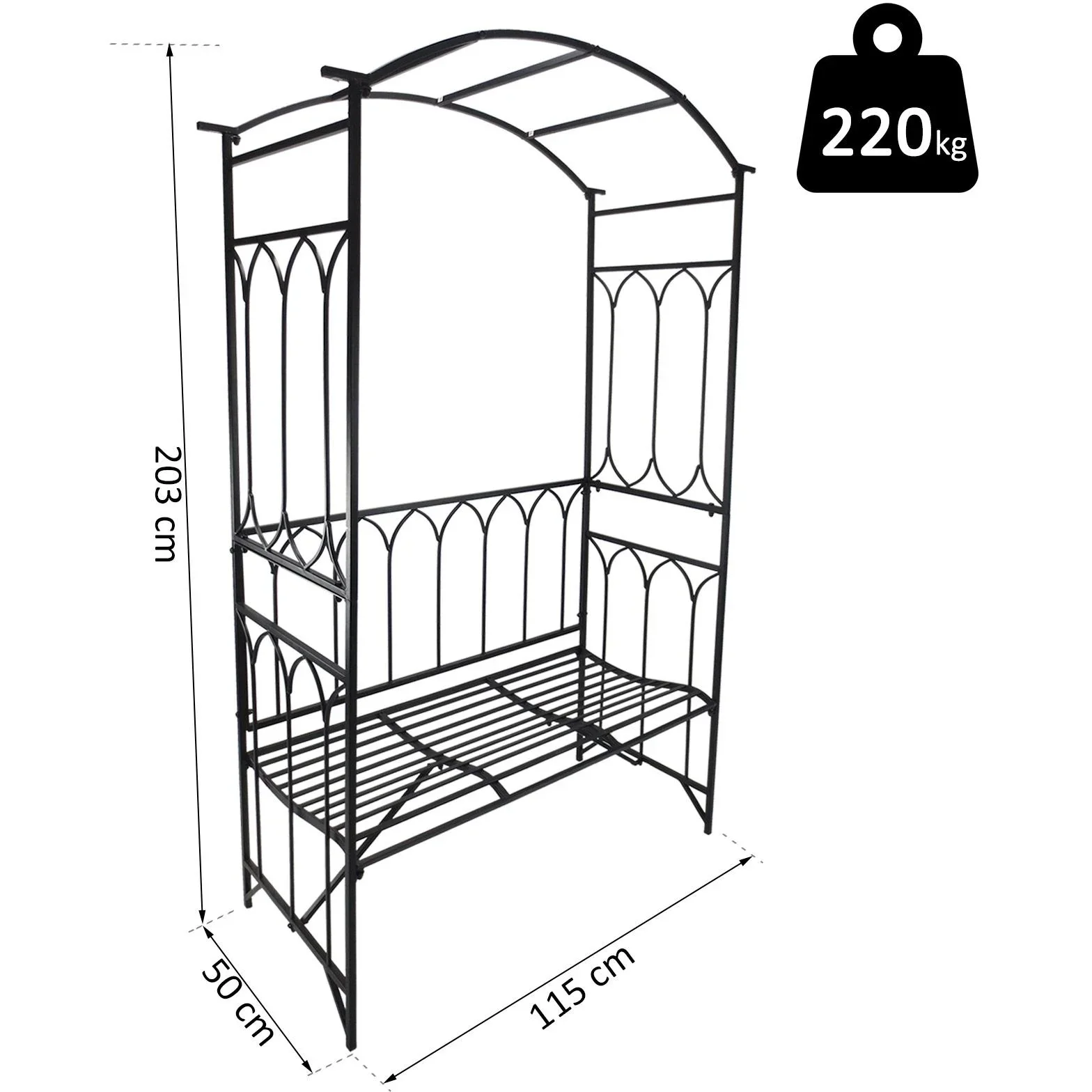 Rosenbogen mit Bank Rosenbank Laubenbank Rankgitter Rankhilfe Metall Schwarz 115 x 50 x 203 cm - 5