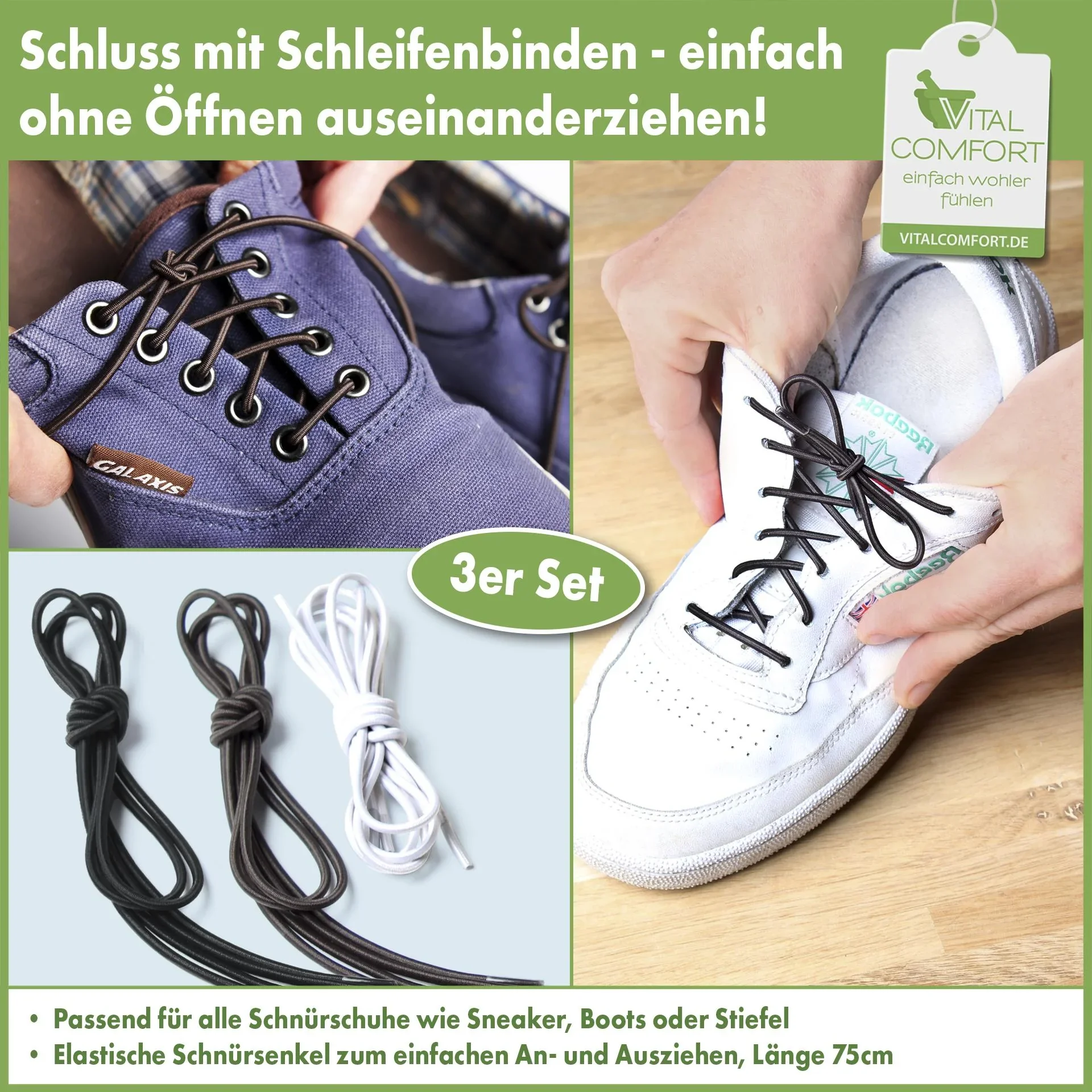 Schnürsenkel elastisch, Länge 75 cm, 3 Paar - 3