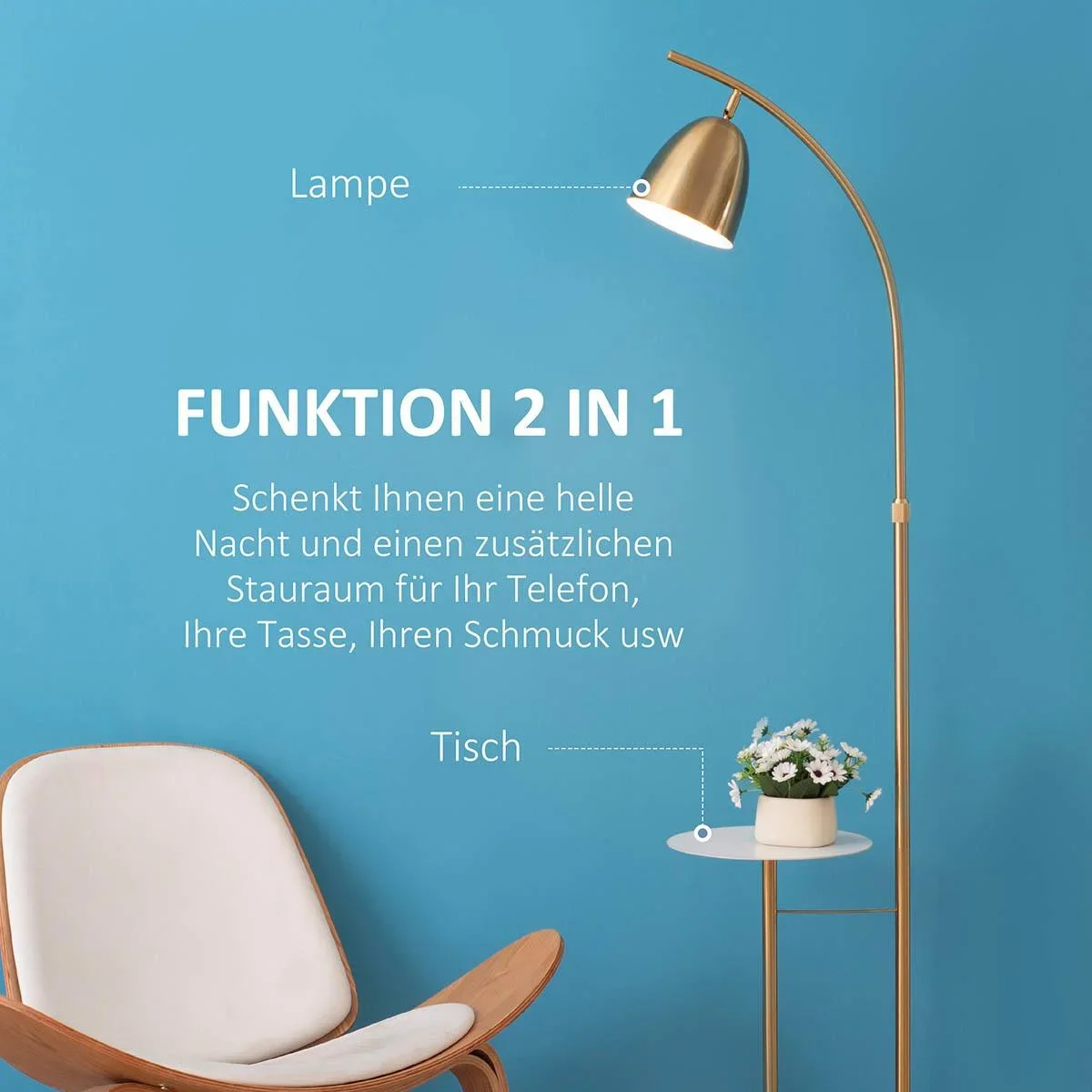 Stehlampe Standleuchte mit Desktop Netzkabel mit Fußschalter für Wohnzimmer Schlafzimmer Büro Metall Gold+Weiß 30 x 44 x - 1